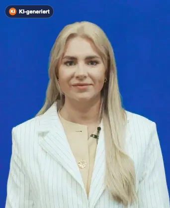 Hochwertiges Businessfoto einer professionellen Frau vor blauem Hintergrund, geeignet für Unternehmens- und Personalmarketing.
