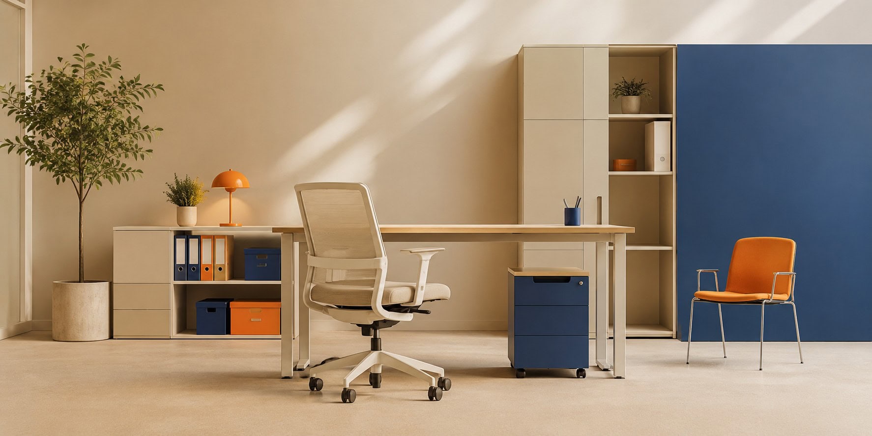 Birou luminos și modern, dotat cu birou, scaun de birou, spațiu de depozitare și elemente decorative, ideal pentru o muncă productivă.