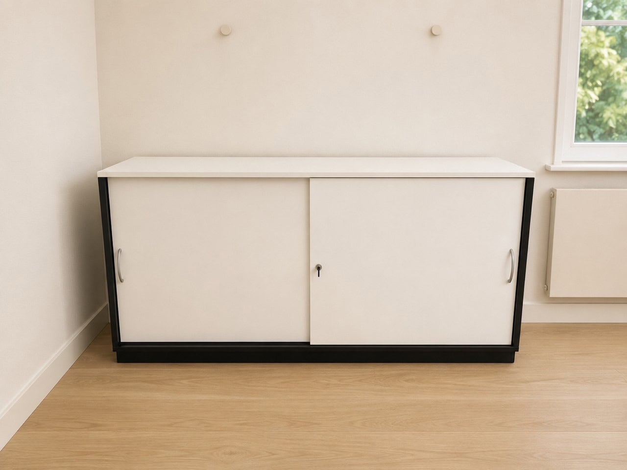 Piesă de mobilier ZAG, bufet alb într-un spațiu modern cu parchet și fereastră în fundal, potrivit pentru sufragerie sau birou, elegant și funcțional.