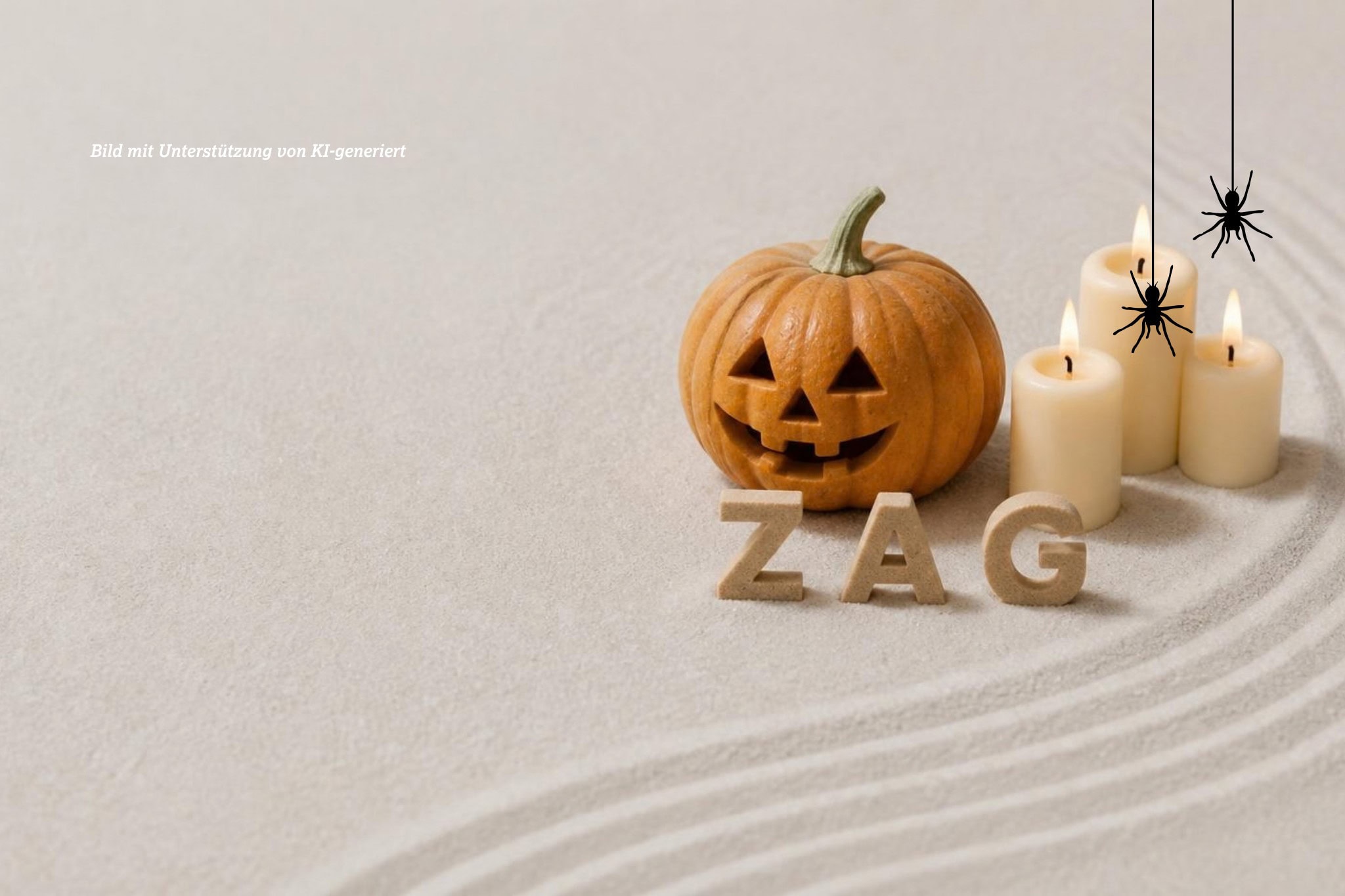 Decoración de Halloween en ZAG Olpe con calabazas, velas y arañas, ideal para la fiesta de Halloween.