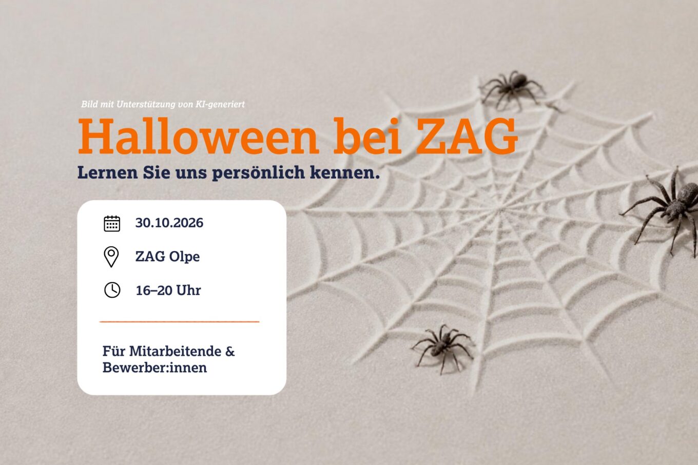 Halloween en ZAG Olpe con arañas y telarañas; invitación al evento del 30 de octubre de 2026.